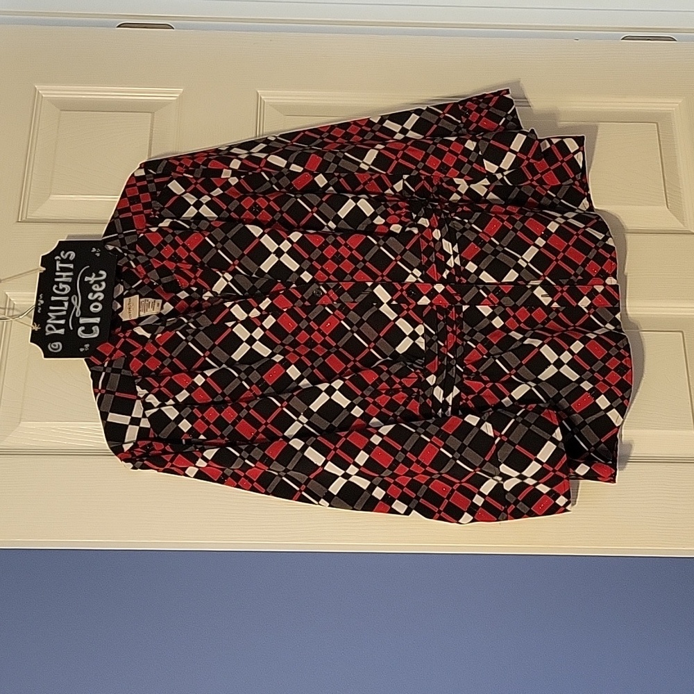 Covington Blouse XL Black Red White Gray Silver Check